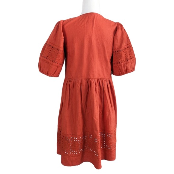 Madewell Linen-Blend Embroidered Eyelet Puff-Sleeve Orange/Red Mini Dress Small - Picture 4 of 10